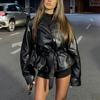 Schwarzer Kunstleder-Trenchcoat, Gürtel, lange Ärmel, Revers, Vintage-Motorradjacke, Oberbekleidung
