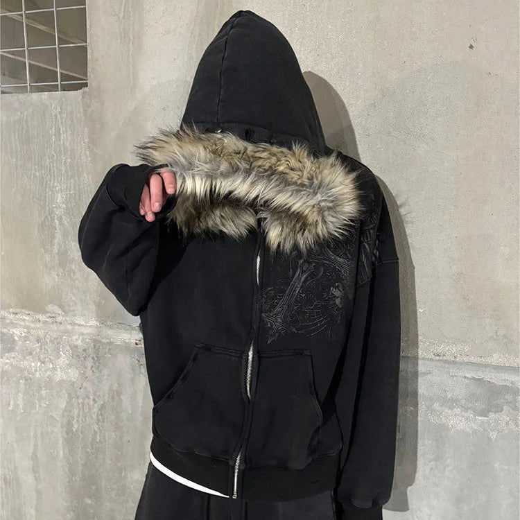 Y2K Harajuku Faux Fur Collar Zip-Up Hoodie