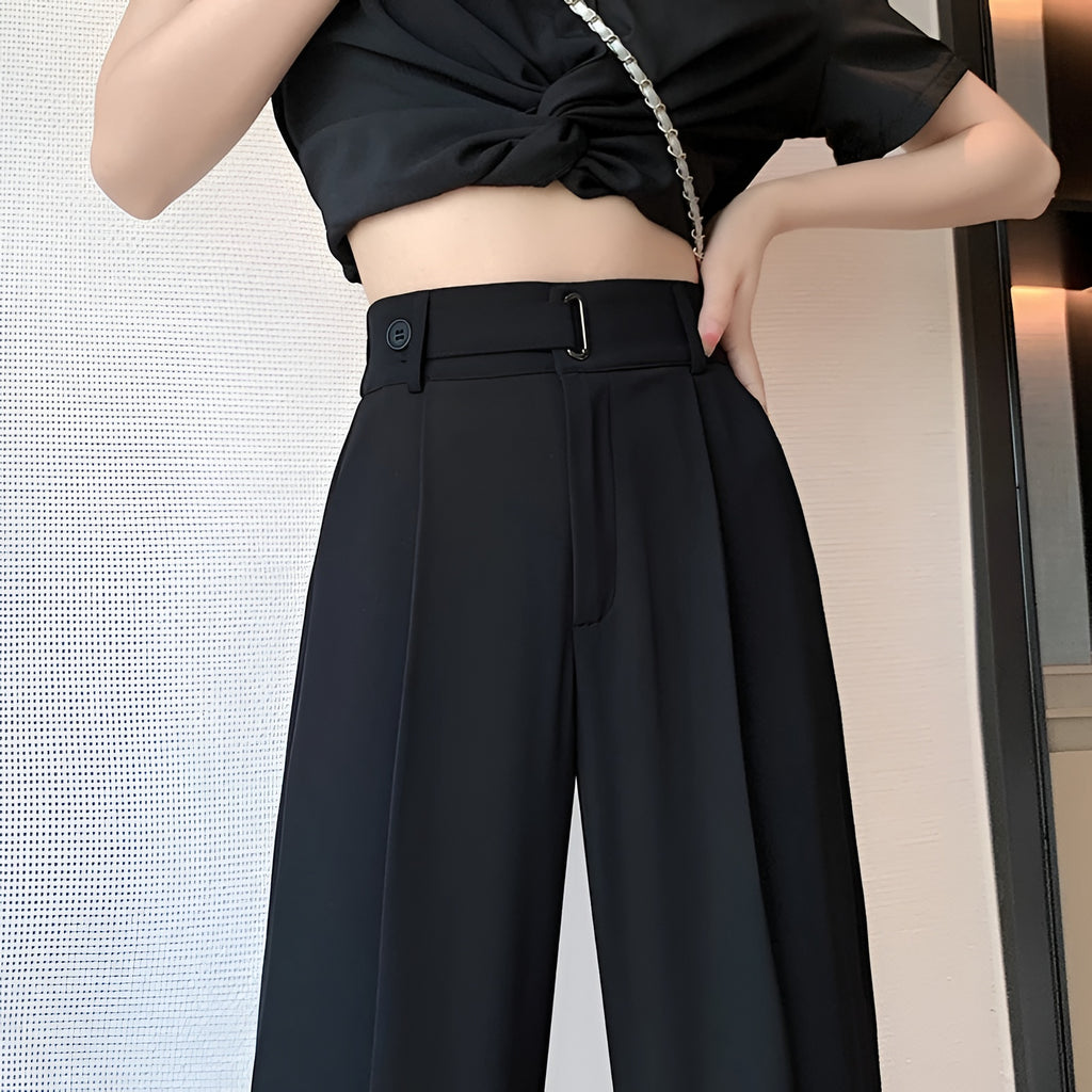 Women Wide Leg Pants High Waist Loose Fit Solid Color Casual Office Trousers