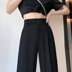 Women Wide Leg Pants High Waist Loose Fit Solid Color Casual Office Trousers