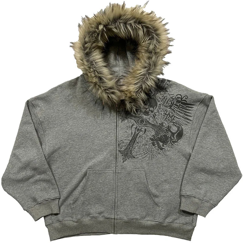 Y2K Harajuku Hoodie mit Reißverschluss und Kunstfellkragen