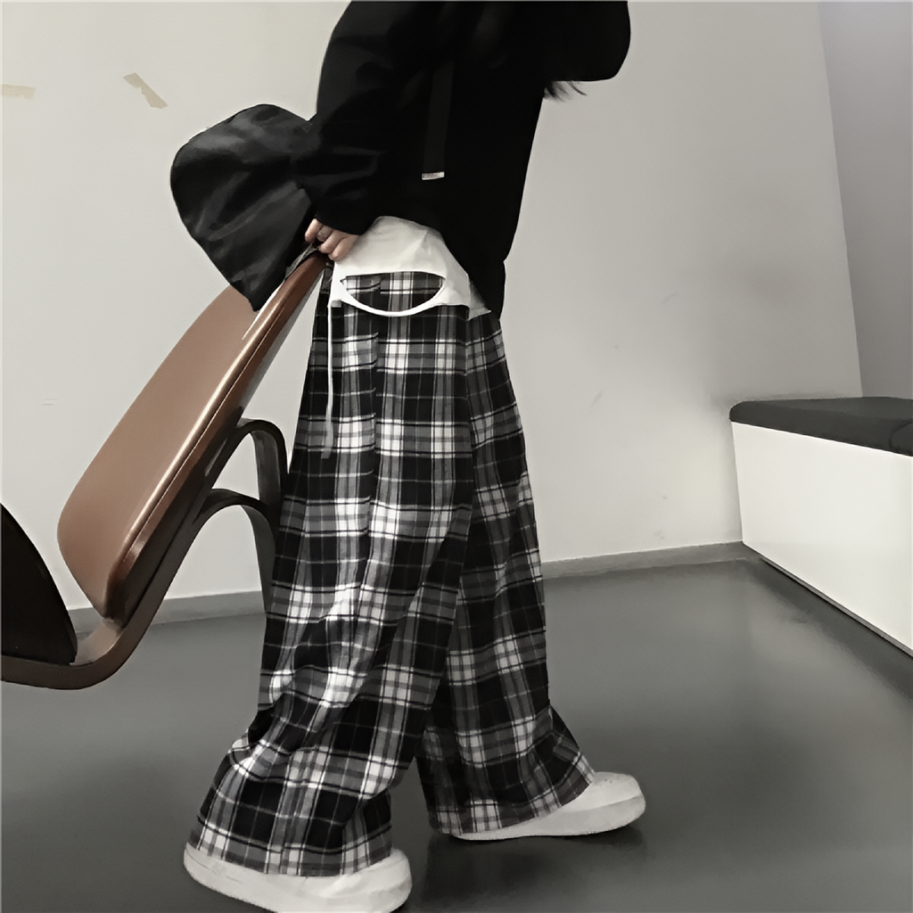 Unisex Checkered Wide Leg Pants Loose Fit Elastic Waist Streetwear Casual Sports Pants