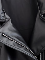 Schwarzer Kunstleder-Trenchcoat, Gürtel, lange Ärmel, Revers, Vintage-Motorradjacke, Oberbekleidung