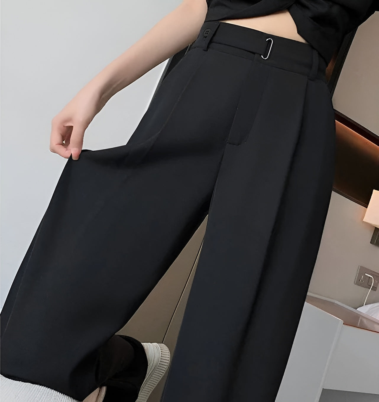 Women Wide Leg Pants High Waist Loose Fit Solid Color Casual Office Trousers