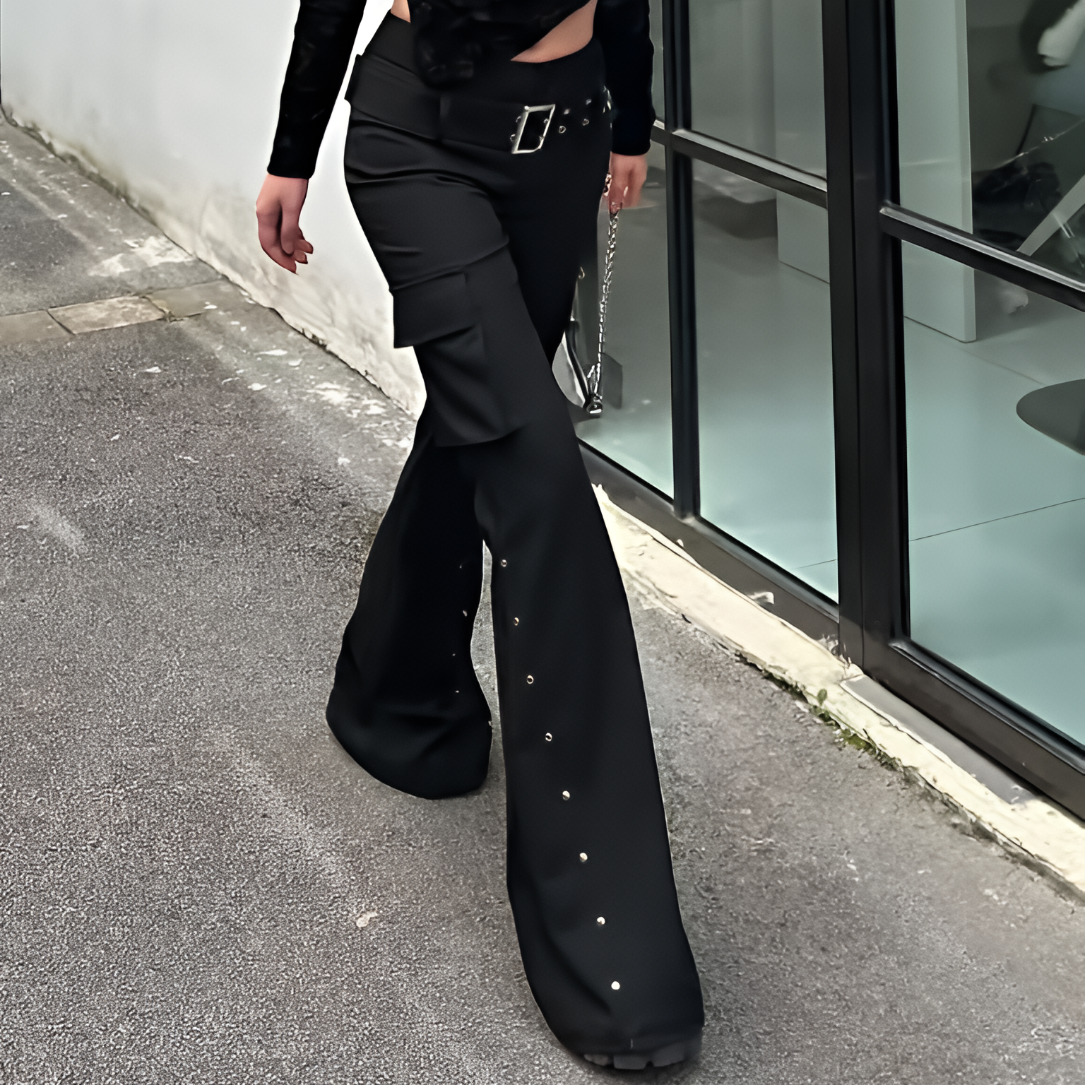 Y2K Gothic Low Waist Flared Pants Black Rivet Detail Harajuku Style
