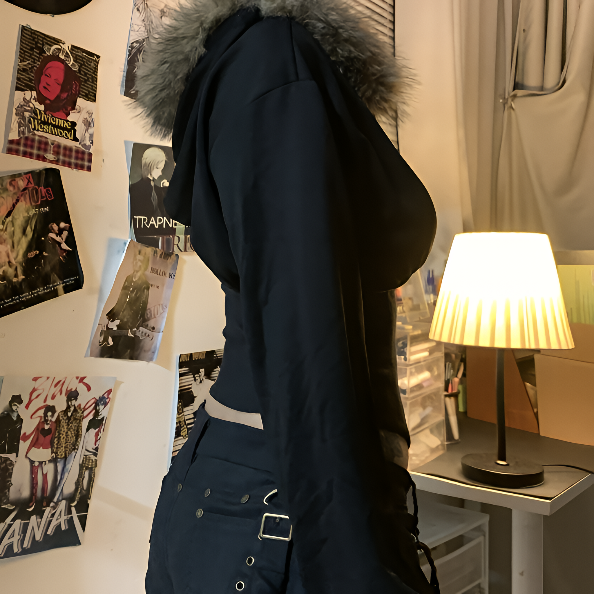 Gothic Faux Fur Hooded Coat Slim Fit Zip Jacket Autumn Winter Streetwear