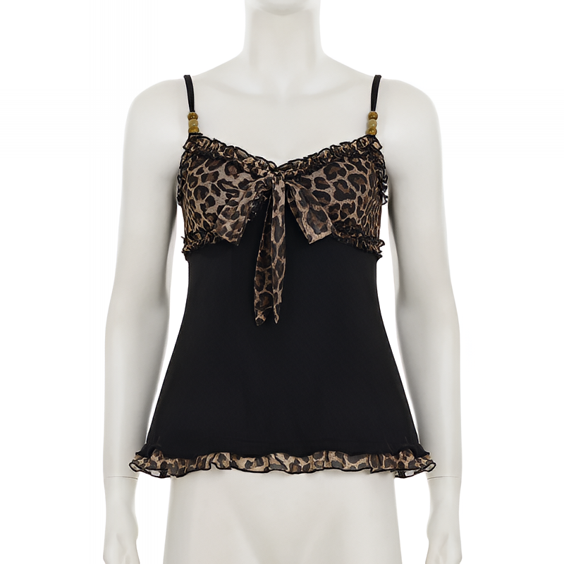 Leopard Print Lace Up Crop Tank Top A Line Sleeveless Summer Streetwear