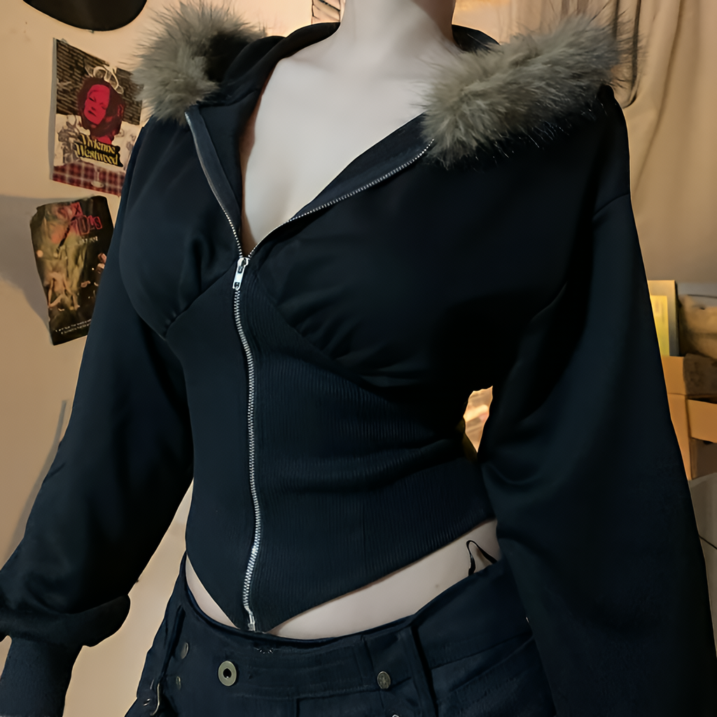 Gothic Faux Fur Hooded Coat Slim Fit Zip Jacket Autumn Winter Streetwear