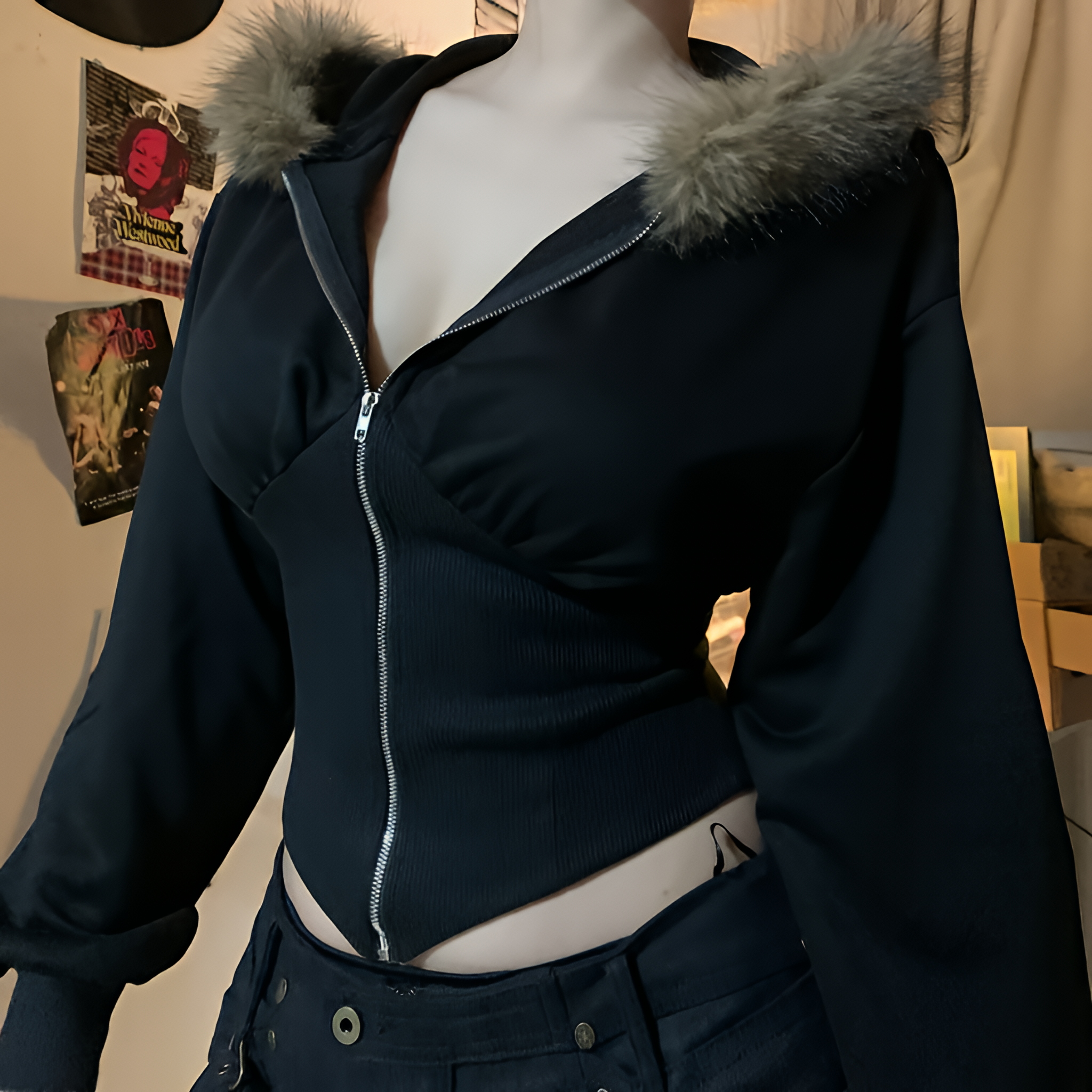 Gothic Faux Fur Hooded Coat Slim Fit Zip Jacket Autumn Winter Streetwear
