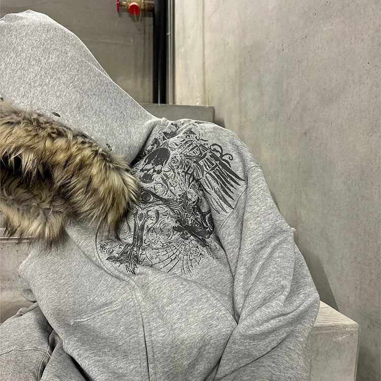 Y2K Harajuku Hoodie mit Reißverschluss und Kunstfellkragen