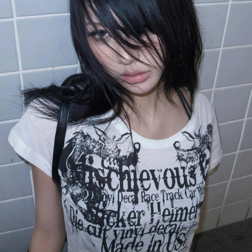 Japanese Y2K Letter Print T Shirt Vintage Harajuku Grunge Goth Style