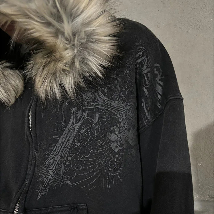 Y2K Harajuku Hoodie mit Reißverschluss und Kunstfellkragen