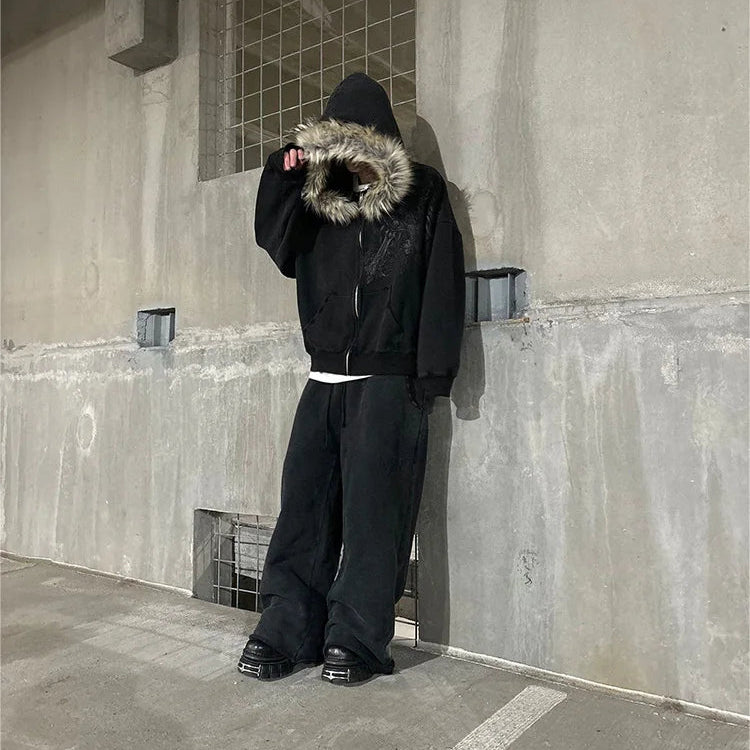 Y2K Harajuku Hoodie mit Reißverschluss und Kunstfellkragen