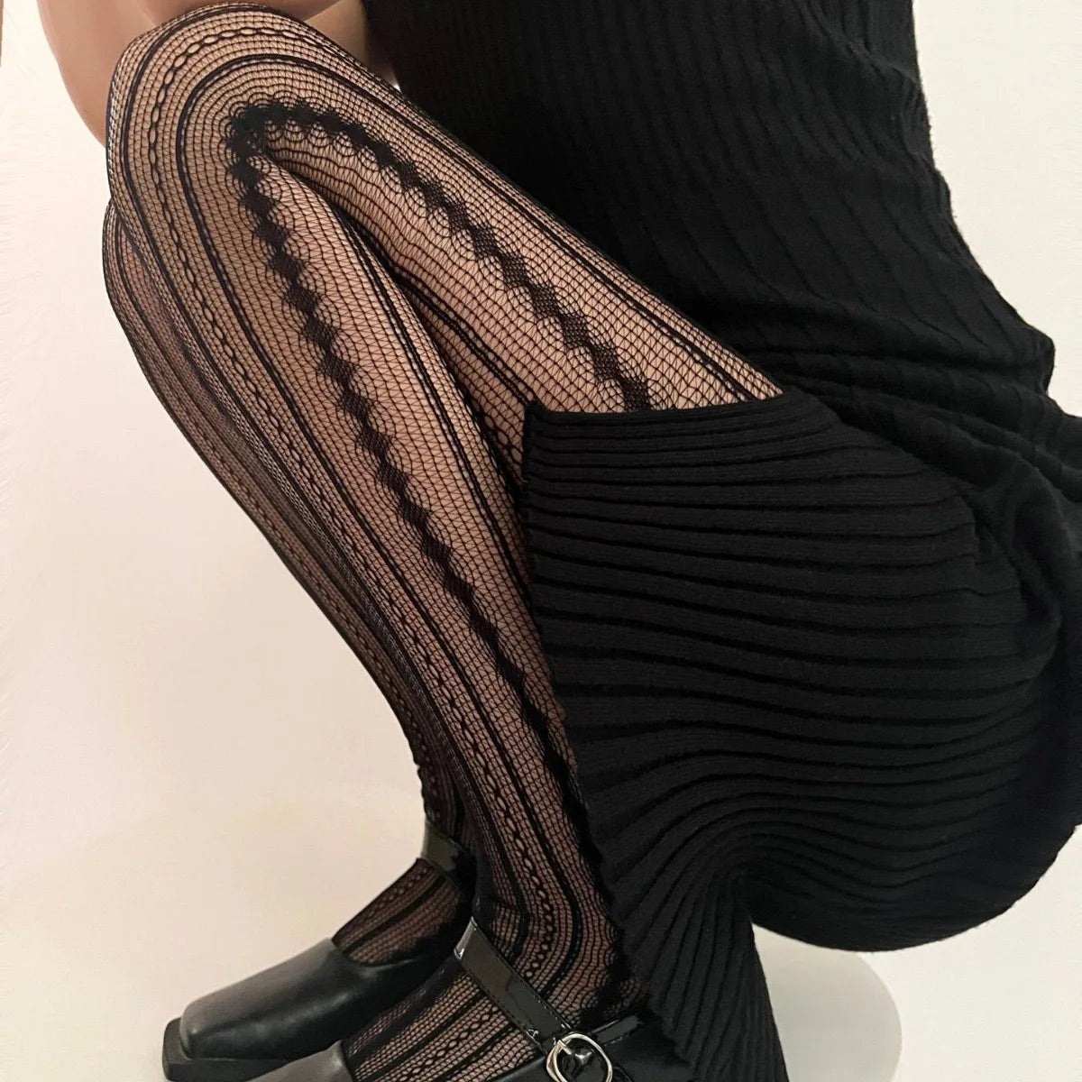 Damen-Kettenstrumpfhose, ausgehöhlt, Schwarz, Sexy, transparent, Jacquard, amerikanischer Retro-Stil, Netz, atmungsaktiv, Spitze, Fischgrät-Strumpfhose