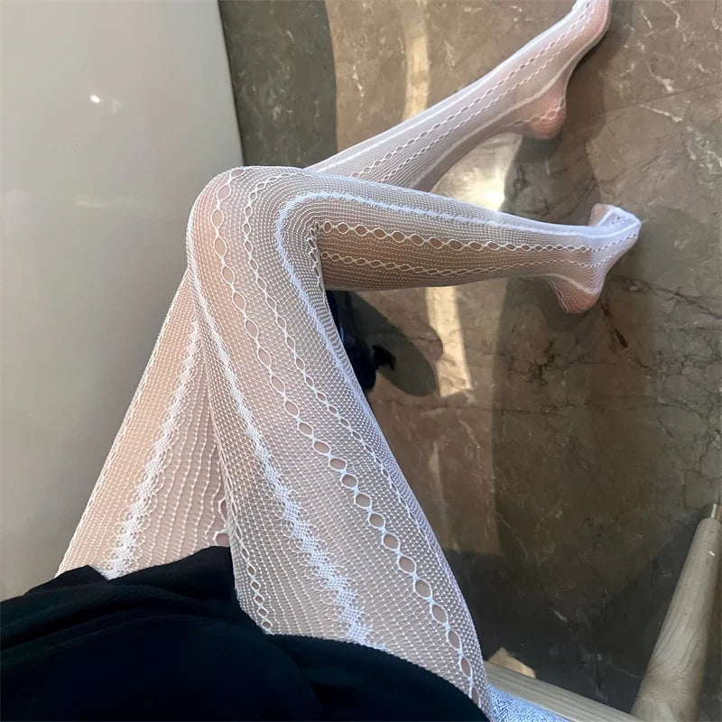 Damen-Kettenstrumpfhose, ausgehöhlt, Schwarz, Sexy, transparent, Jacquard, amerikanischer Retro-Stil, Netz, atmungsaktiv, Spitze, Fischgrät-Strumpfhose