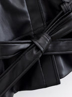 Schwarzer Kunstleder-Trenchcoat, Gürtel, lange Ärmel, Revers, Vintage-Motorradjacke, Oberbekleidung