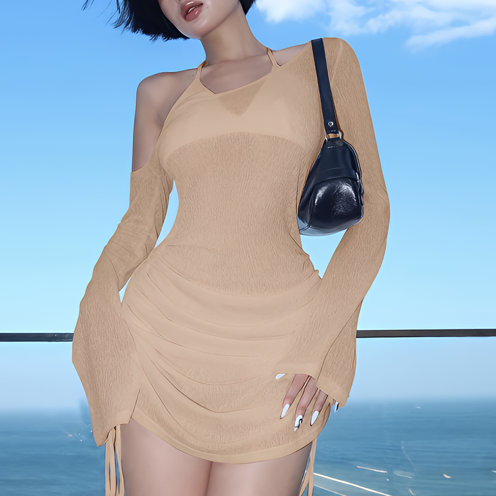 Robe courte transparente froncée à col oblique avec lacets et cordon de serrage pour l'été et les soirées