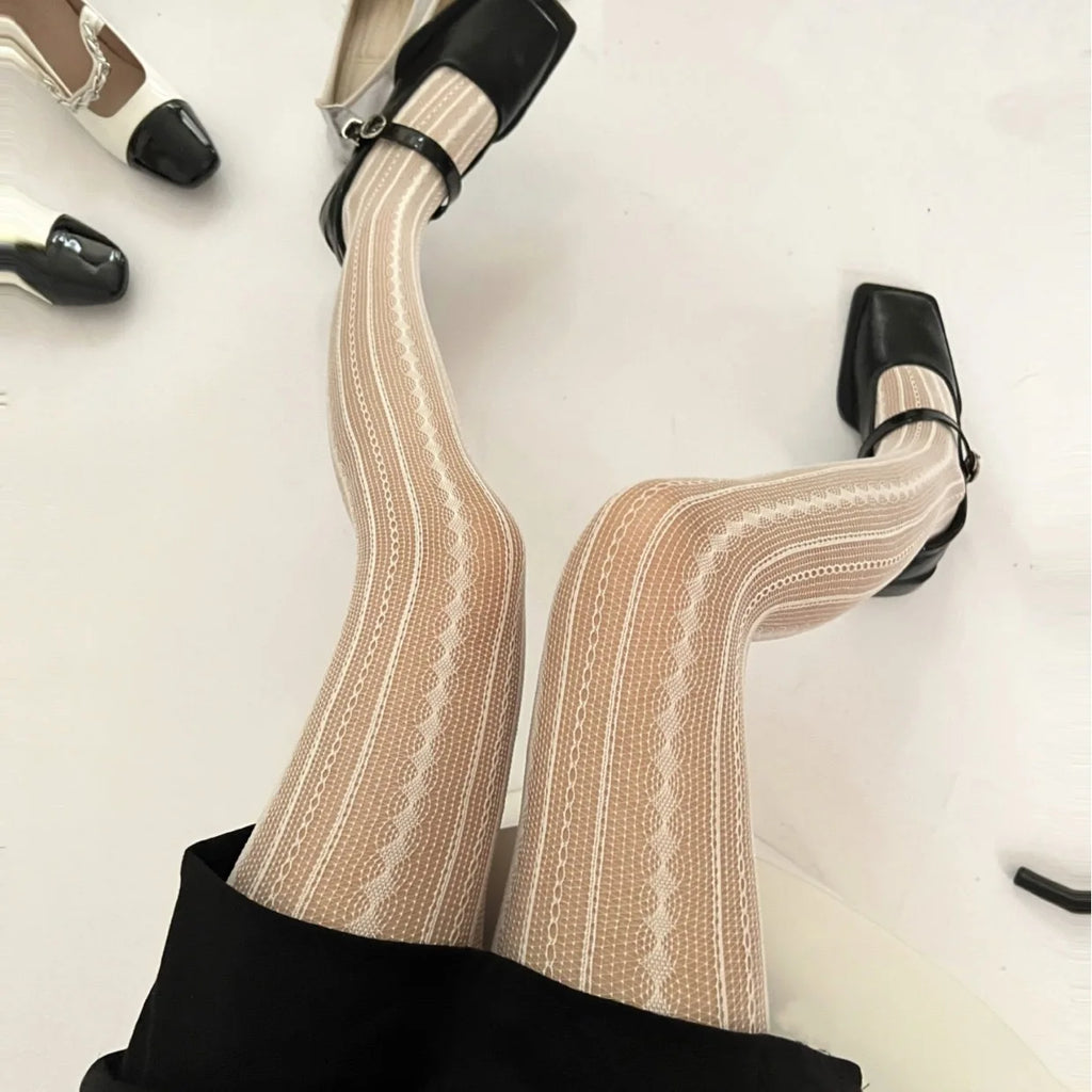 Damen-Kettenstrumpfhose, ausgehöhlt, Schwarz, Sexy, transparent, Jacquard, amerikanischer Retro-Stil, Netz, atmungsaktiv, Spitze, Fischgrät-Strumpfhose