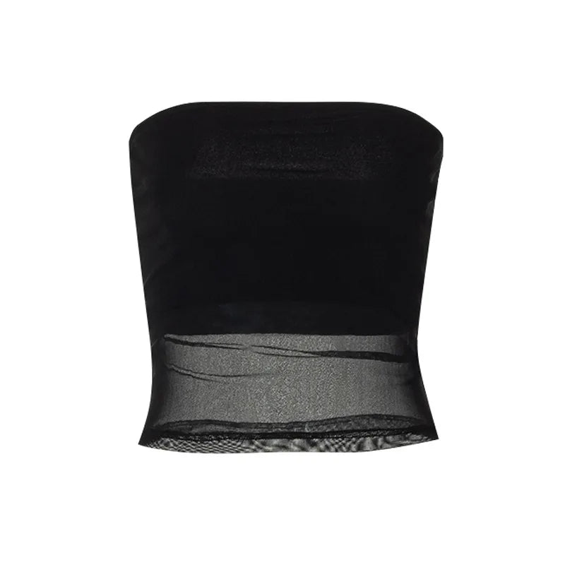Black Slim Streetwear Mesh Corset Strapless Crop Top
