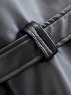 Schwarzer Kunstleder-Trenchcoat, Gürtel, lange Ärmel, Revers, Vintage-Motorradjacke, Oberbekleidung