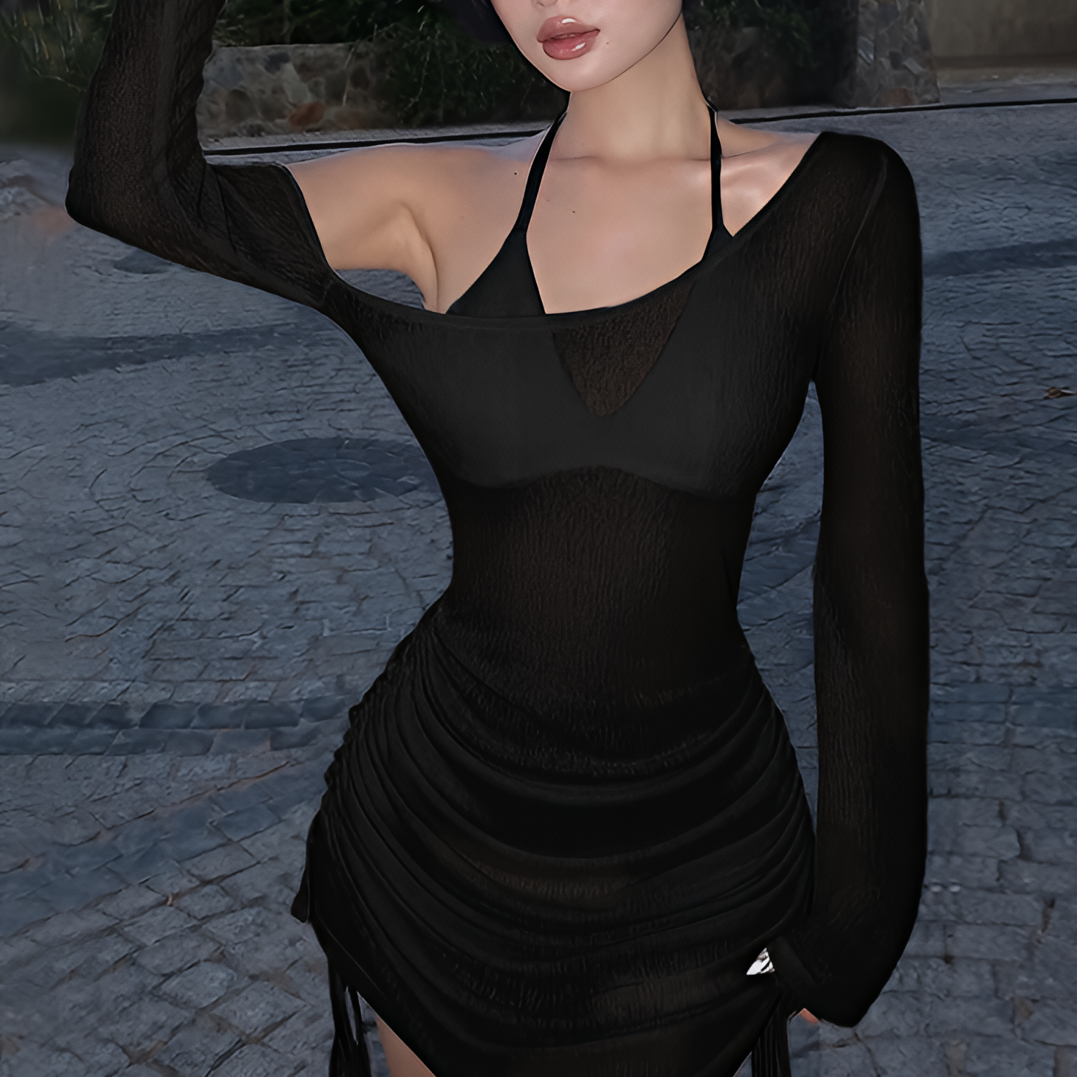 Skew Collar Ruched Lace Up See Through Mini Dress Drawstring Summer Party Clubwear