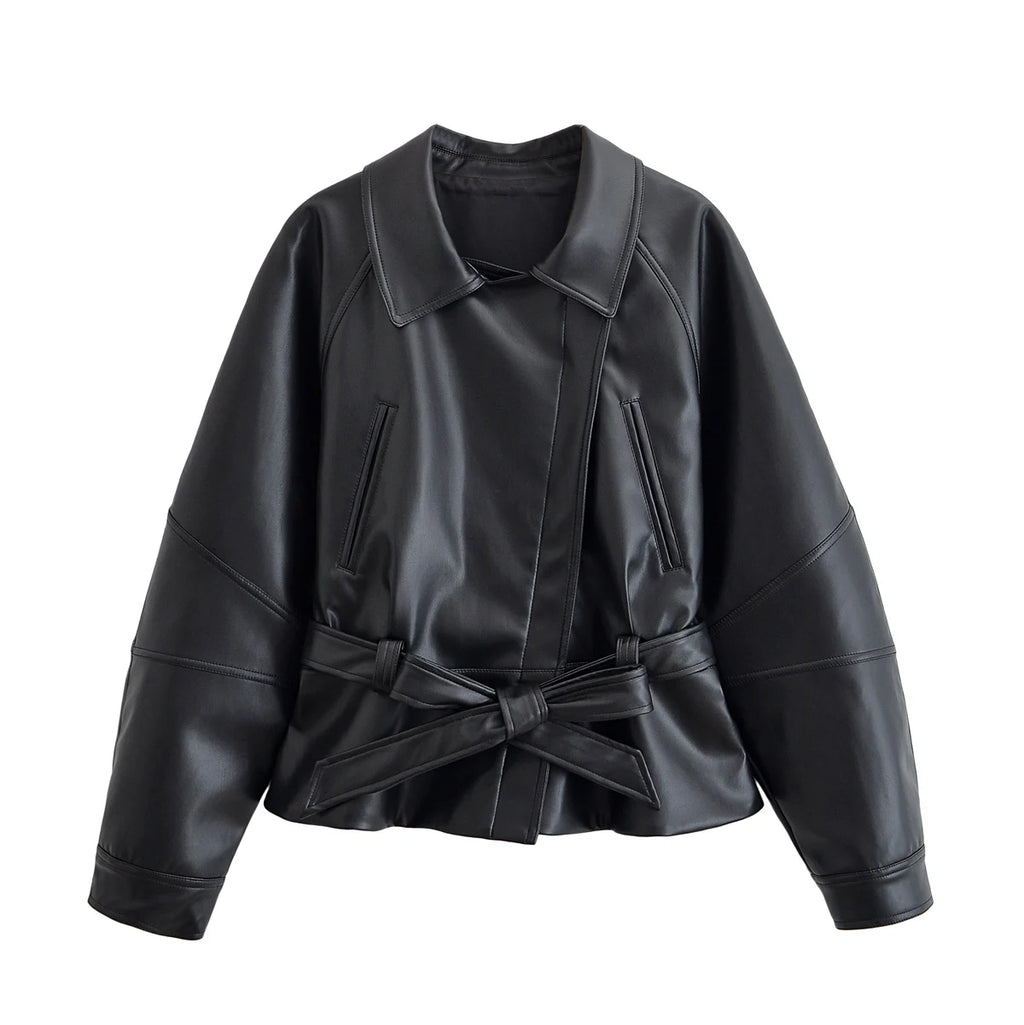 Schwarzer Kunstleder-Trenchcoat, Gürtel, lange Ärmel, Revers, Vintage-Motorradjacke, Oberbekleidung