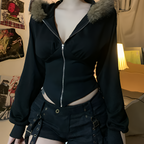 Gothic Faux Fur Hooded Coat Slim Fit Zip Jacket Autumn Winter Streetwear