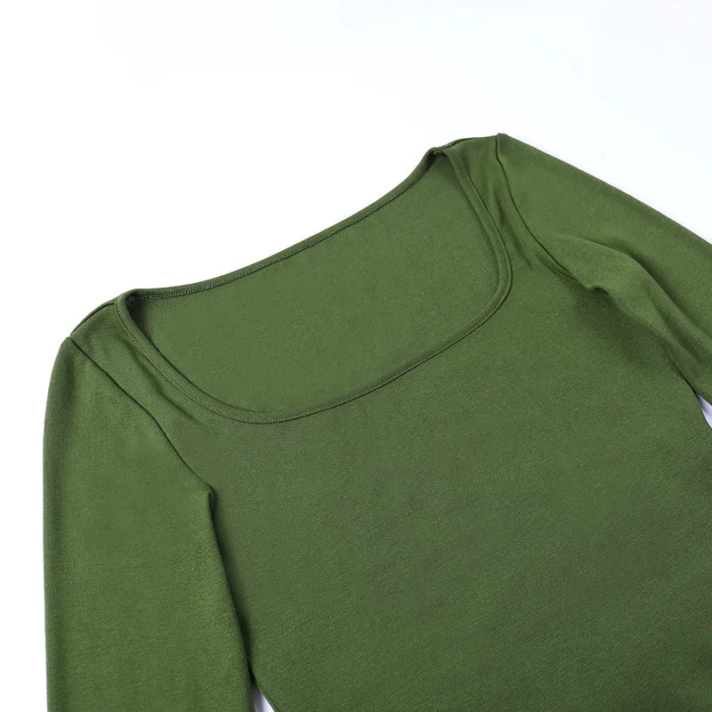 Square Neck Long Sleeve Crop Top Solid Color Slim Fit Streetwear Autumn T-Shirt