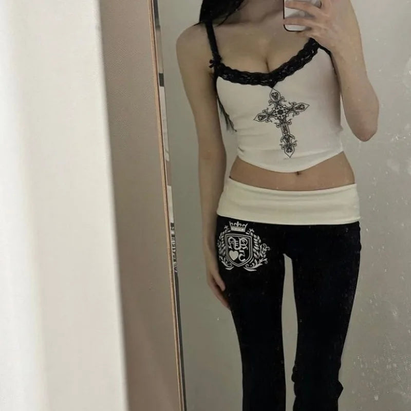 Y2K Lace Tank Top Slim Fit Printed Street Style Summer Top