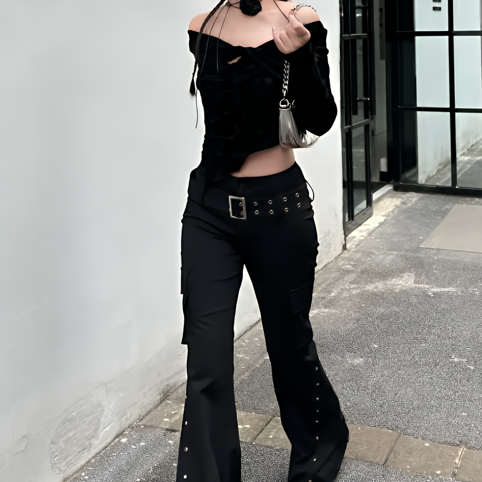 Y2K Gothic Low Waist Flared Pants Black Rivet Detail Harajuku Style