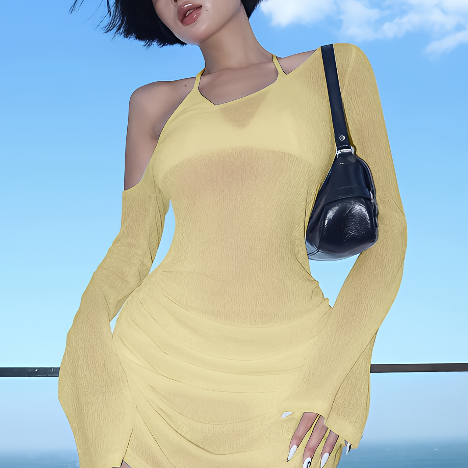 Skew Collar Ruched Lace Up See Through Mini Dress Drawstring Summer Party Clubwear