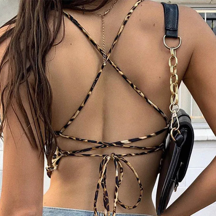 Leopard Pattern Women Tank Tops Backless Sexy Rave Outfits Sleeveless Cross Lace Up Bralette Crop Top Summer Streetwear