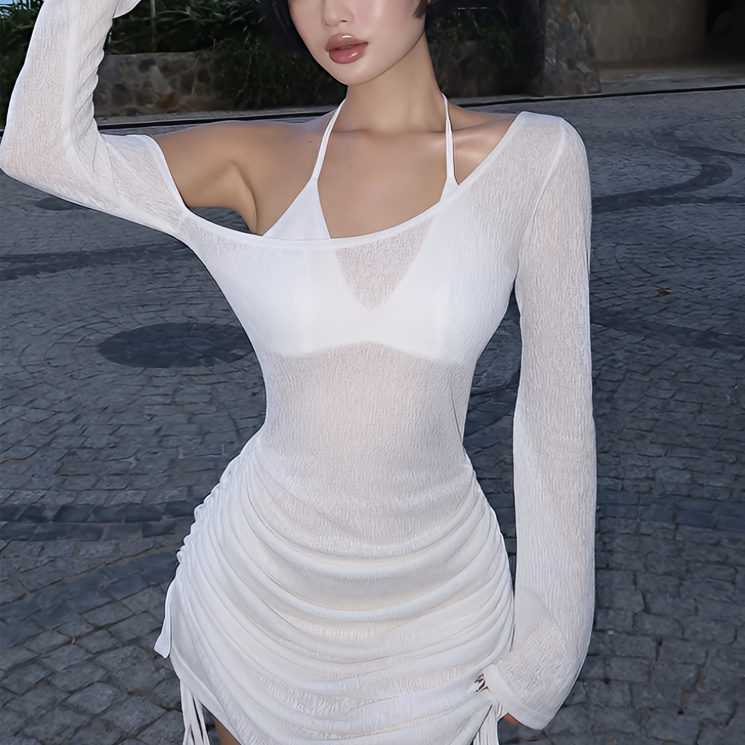 Skew Collar Ruched Lace Up See Through Mini Dress Drawstring Summer Party Clubwear