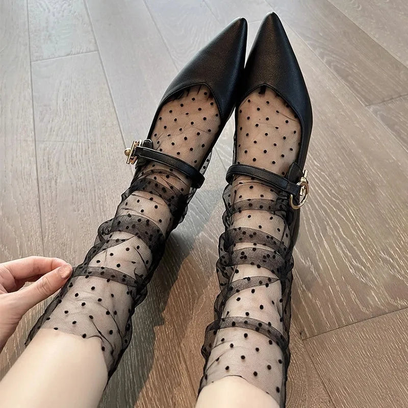 Sexy transparente Tupfen-Spitzensocken für Damen, dünne Nylonseiden-Sheer-Socken, französischer Stil, elegant, Femme JK Lolita, weiße Socken