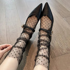Sexy transparente Tupfen-Spitzensocken für Damen, dünne Nylonseiden-Sheer-Socken, französischer Stil, elegant, Femme JK Lolita, weiße Socken