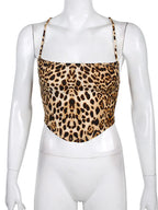 Leopard Pattern Women Tank Tops Backless Sexy Rave Outfits Sleeveless Cross Lace Up Bralette Crop Top Summer Streetwear