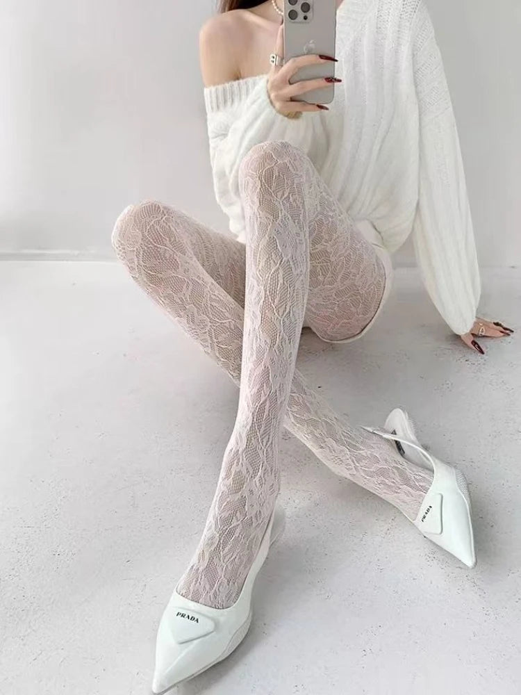 Weiße Socken Damen Sexy Netzstrümpfe Femme Sommer Dünn Blumenmuster Netz Strumpfhose Elastisch Schlankmachend Hoher Bund Aushöhlen Strumpfhosen