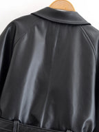 Schwarzer Kunstleder-Trenchcoat, Gürtel, lange Ärmel, Revers, Vintage-Motorradjacke, Oberbekleidung