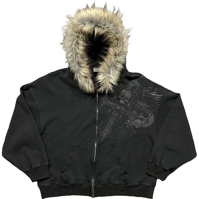 Y2K Harajuku Hoodie mit Reißverschluss und Kunstfellkragen