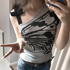 Off Shoulder Bow Tie Crop T-Shirt Korean Harajuku Aesthetic Print Summer Top