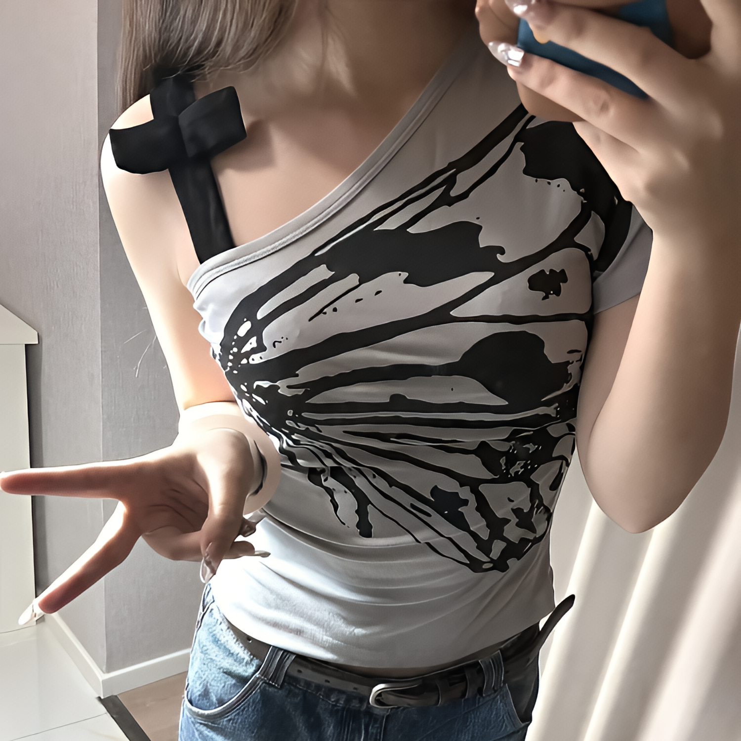 Off Shoulder Bow Tie Crop T-Shirt Korean Harajuku Aesthetic Print Summer Top