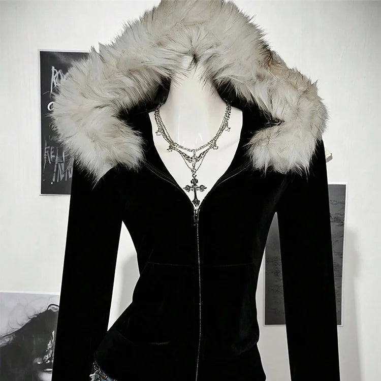 Y2K Gothic Harajuku Slim Hoodie with Fur Collar