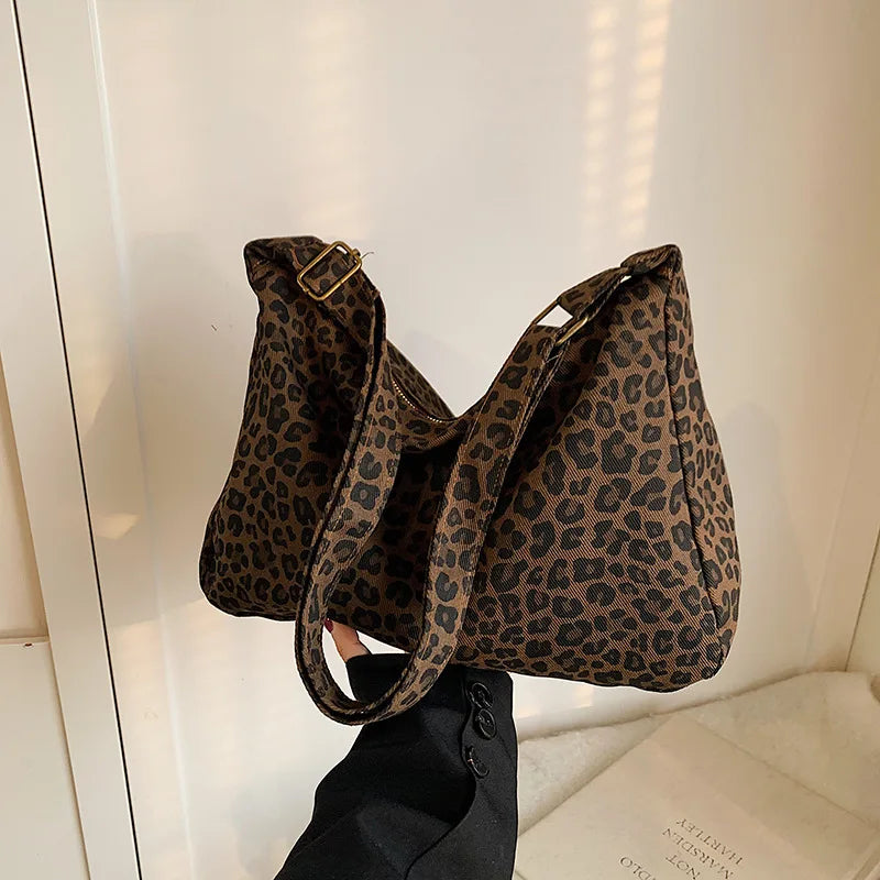 Trendige lässige weiche Textil-Damen-Umhängetasche, großes Fassungsvermögen, Leopardenmuster, Damen-Retro-Umhängetasche für Pendler und Ausflüge