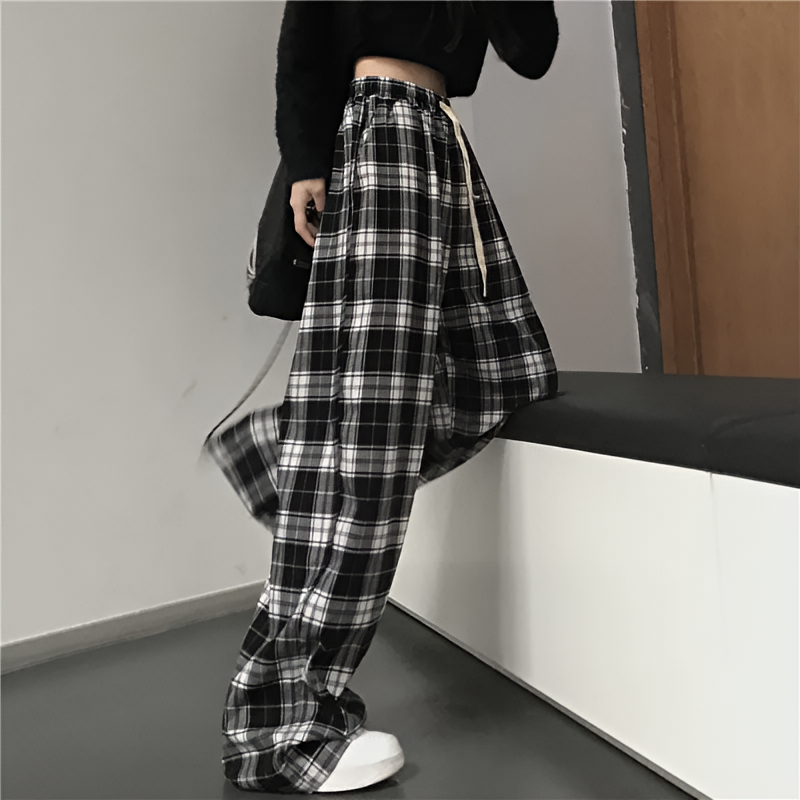 Unisex Checkered Wide Leg Pants Loose Fit Elastic Waist Streetwear Casual Sports Pants