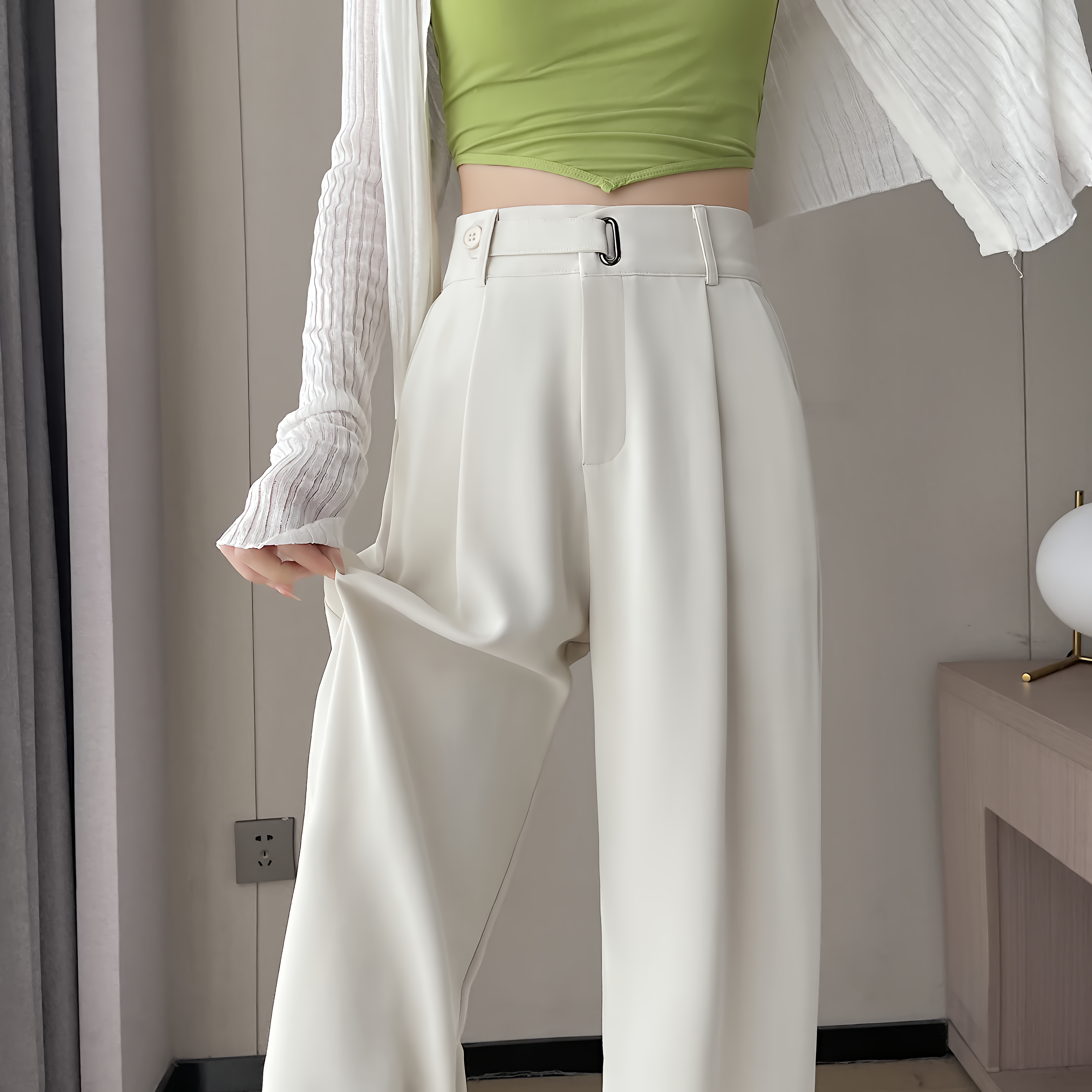 Women Wide Leg Pants High Waist Loose Fit Solid Color Casual Office Trousers