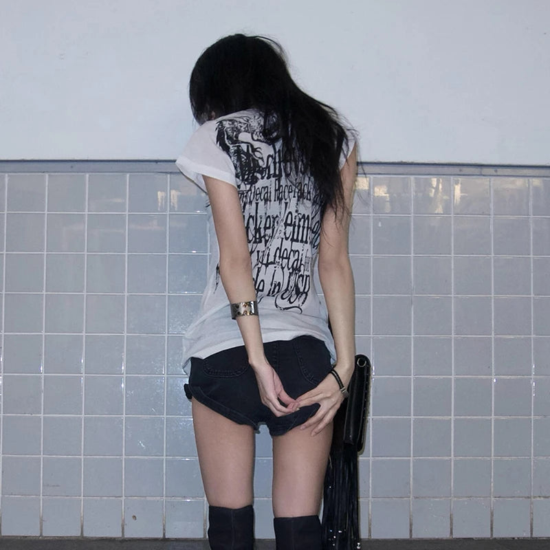 Japanese Y2K Letter Print T Shirt Vintage Harajuku Grunge Goth Style