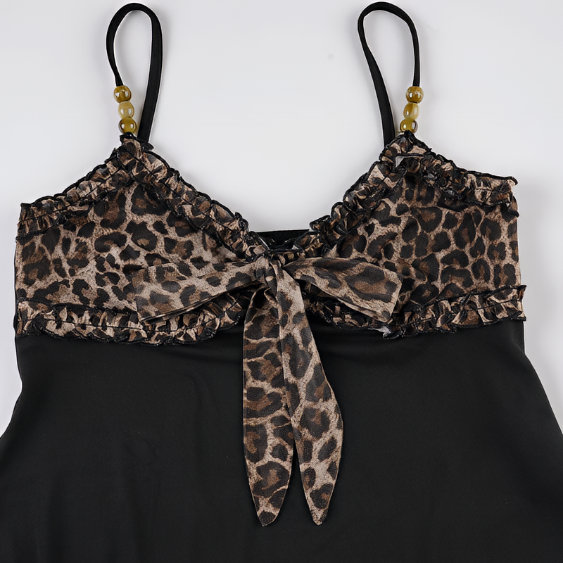 Leopard Print Lace Up Crop Tank Top A Line Sleeveless Summer Streetwear