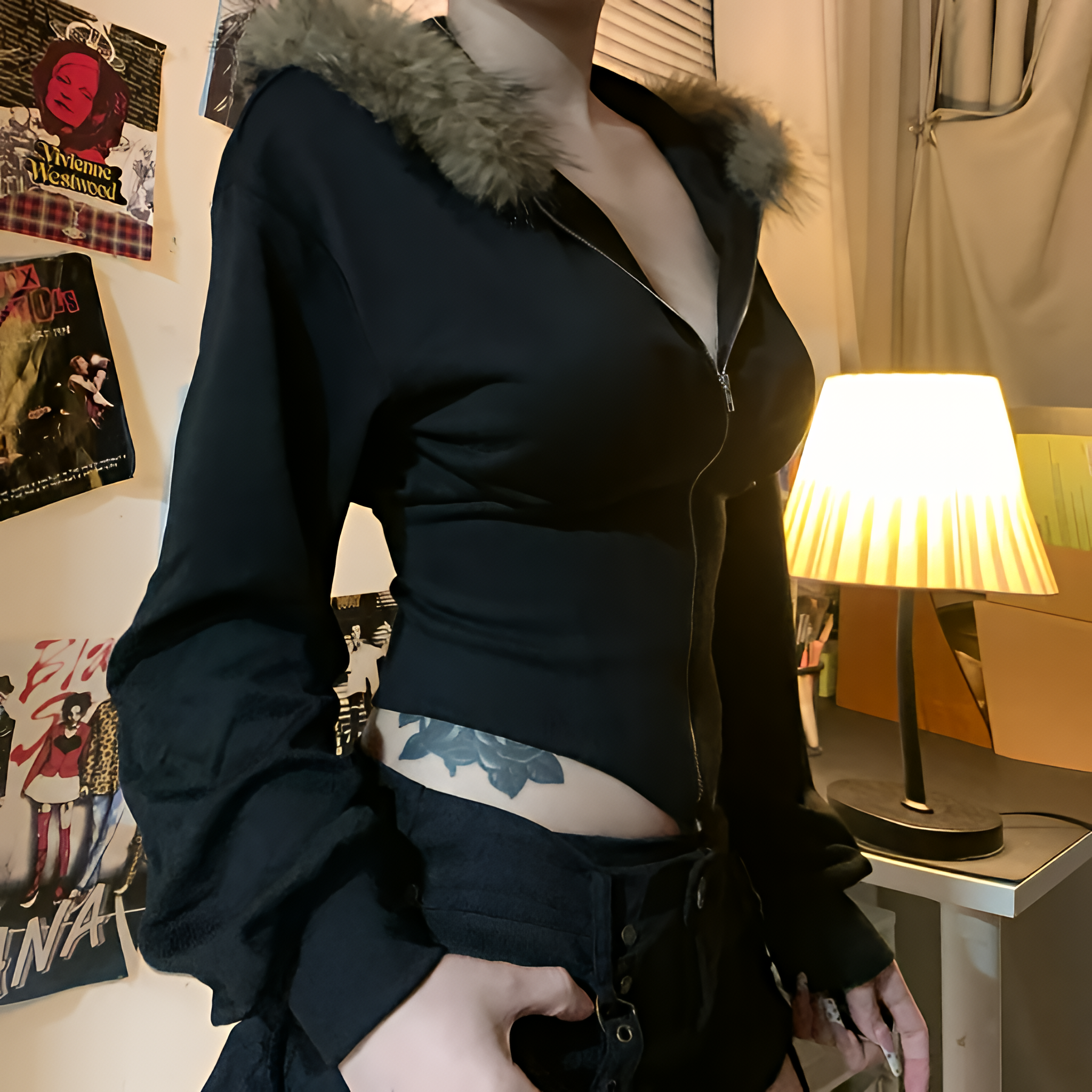 Gothic Faux Fur Hooded Coat Slim Fit Zip Jacket Autumn Winter Streetwear