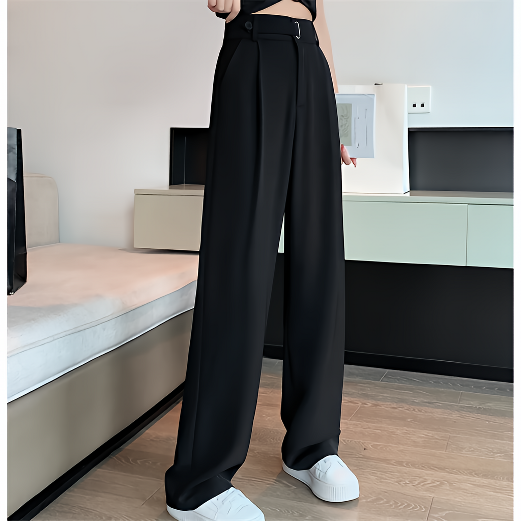 Women Wide Leg Pants High Waist Loose Fit Solid Color Casual Office Trousers