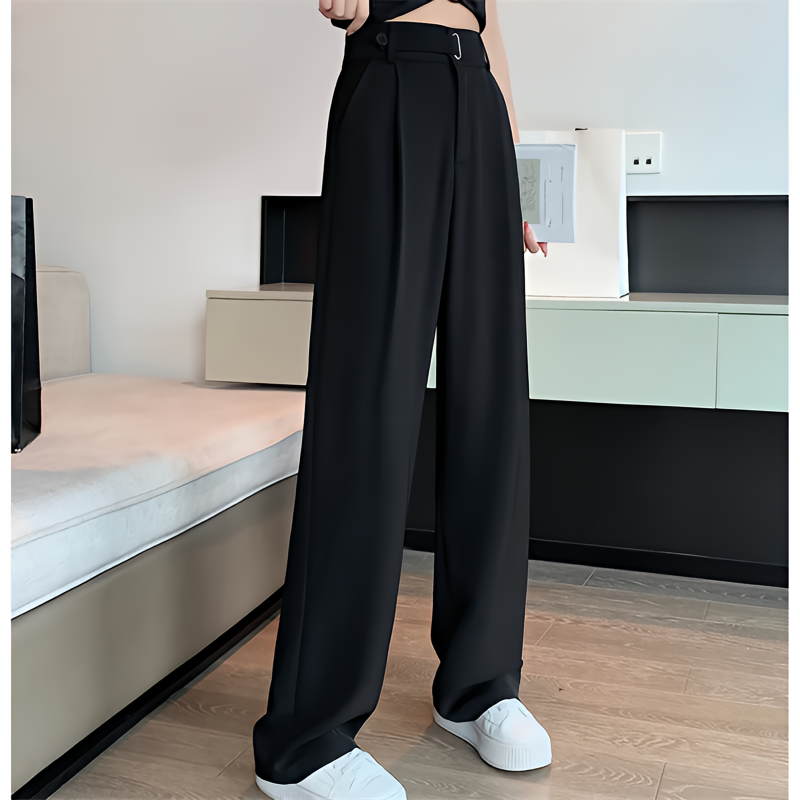 Women Wide Leg Pants High Waist Loose Fit Solid Color Casual Office Trousers